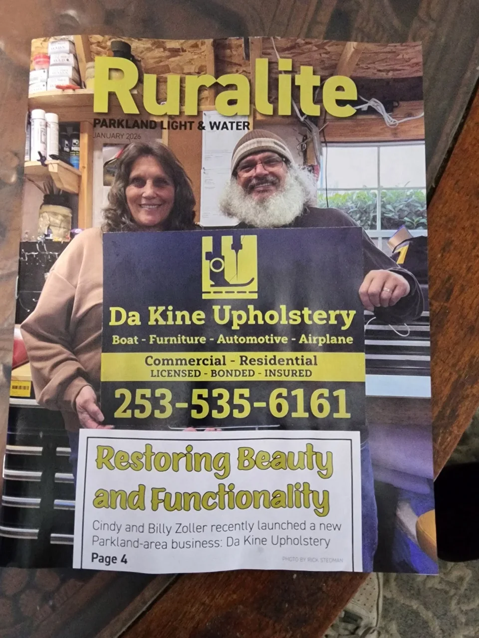 Cindy and Billy Zoller of Da Kine Upholstery featured on the cover of Ruralite magazine, January 2026