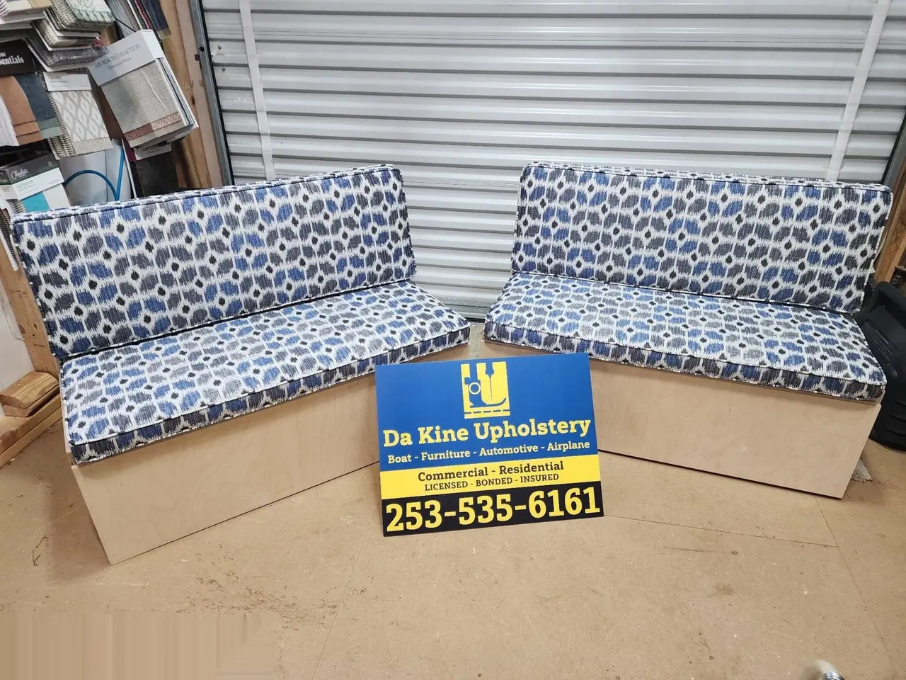 Pair of spool-leg chairs reupholstered in a blue-gray geometric circle pattern.